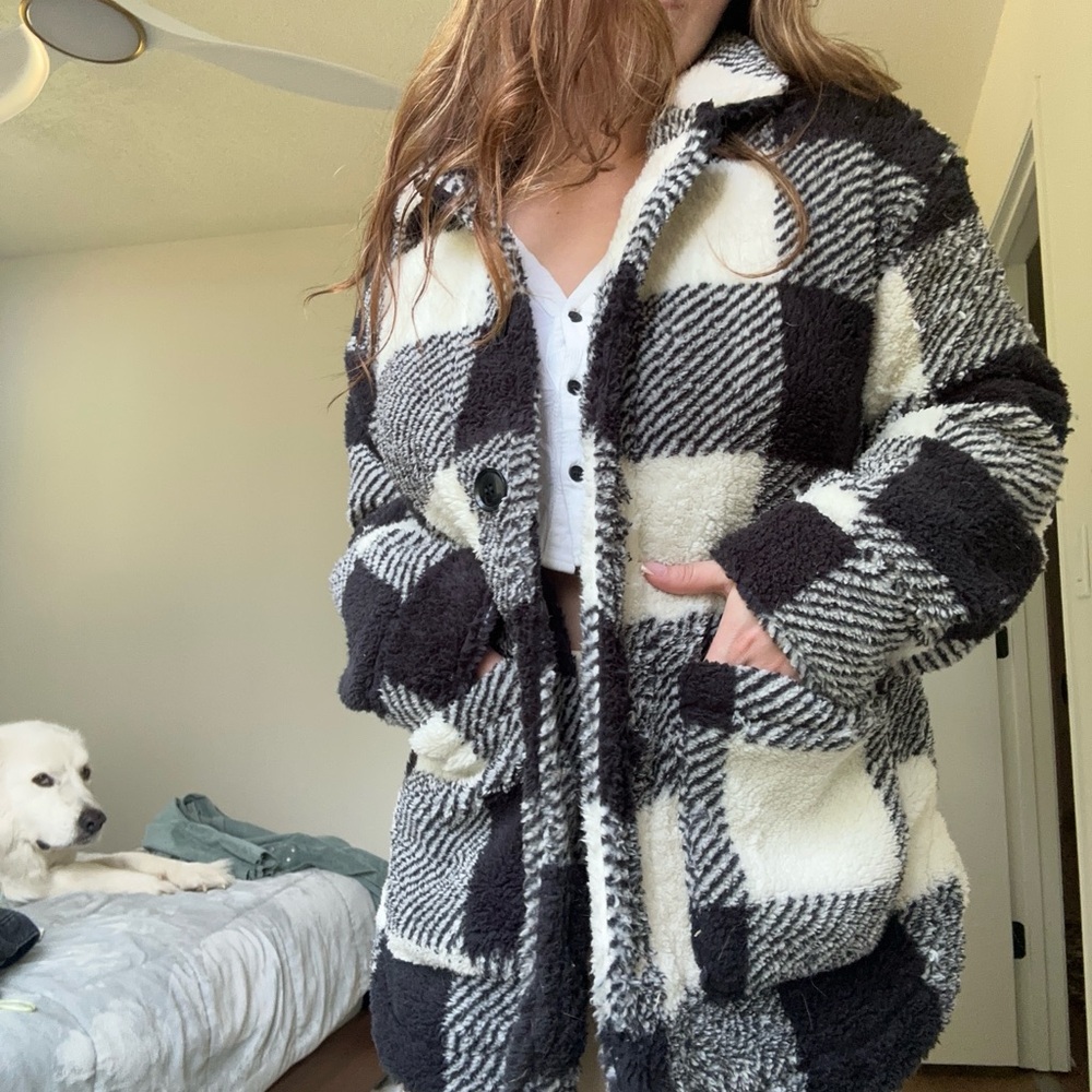 Cozy Black & White Plaid Sherpa Coat